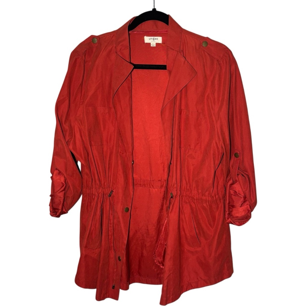 Umgee Red Utility Jacket with Relaxed Fit and Open Front Drapey